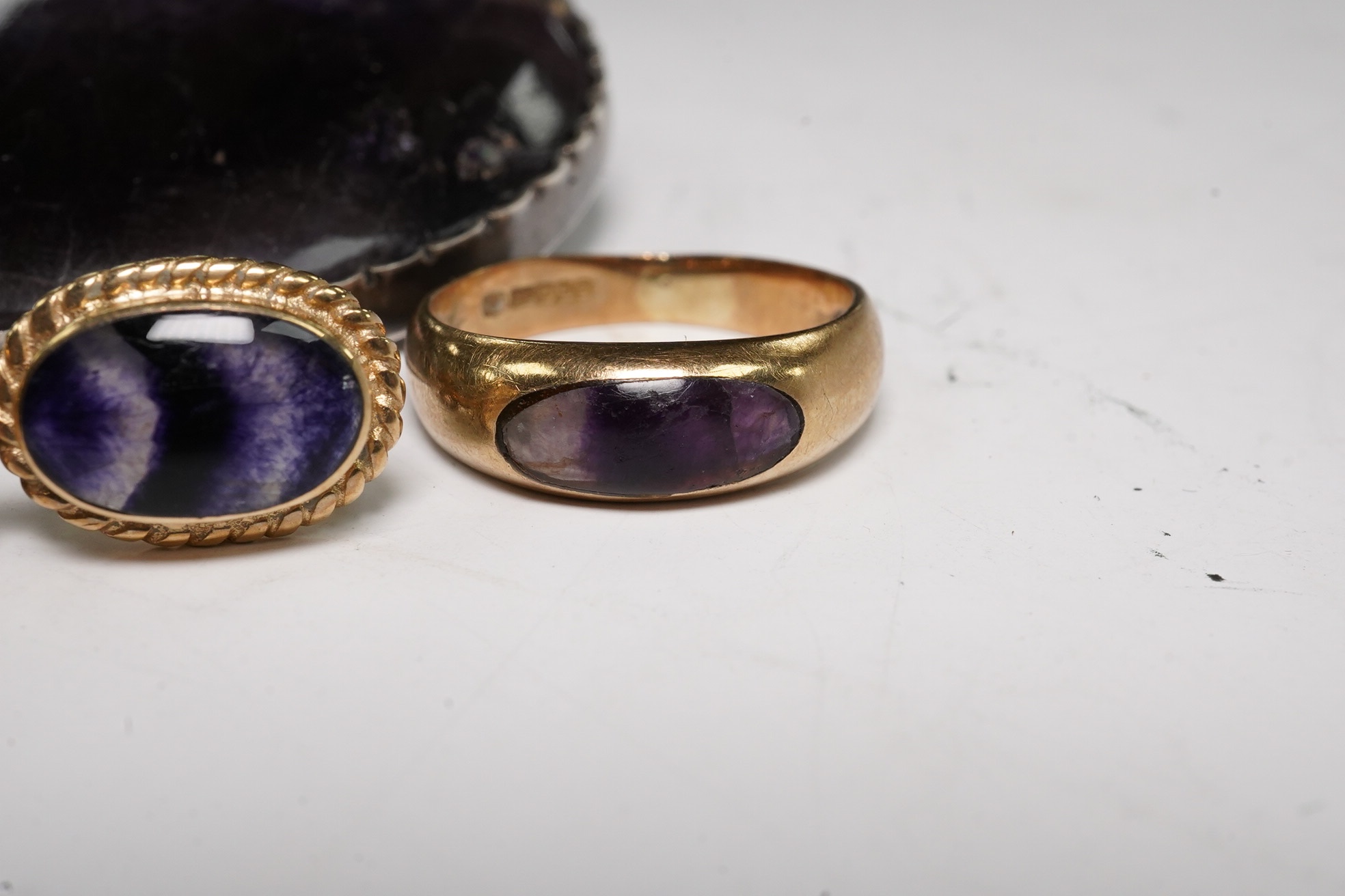 Four items of Blue John set jewellery including a pair of 9ct earrings and a 9ct ring. Condition - poor to fair
